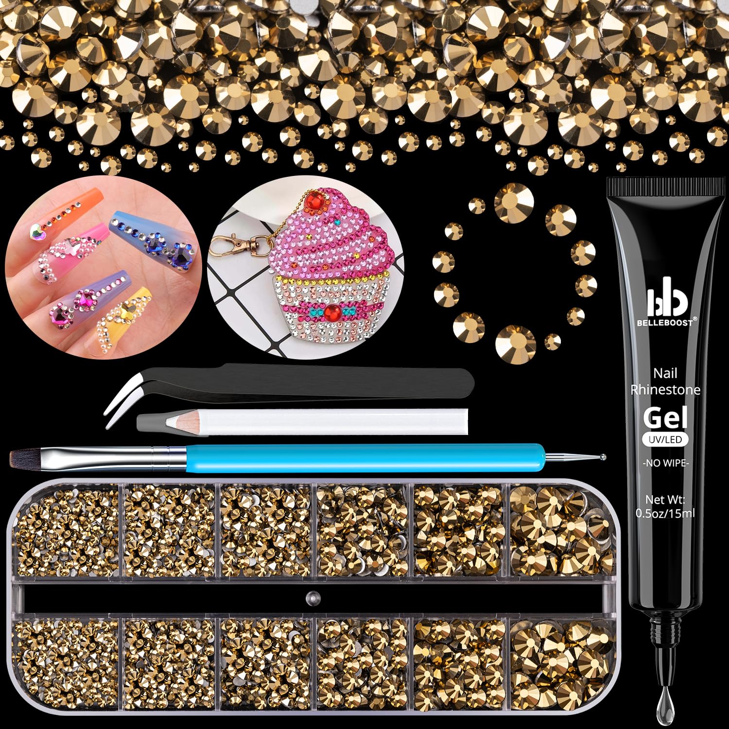 Rhinestones for Nails, Manicure Kit with Nail Rhinestone Glue Gel, 2-6mm Flat Back Glass Gold Gemstones + Gem Glue for Nails (UV/LED Needed), Round Nail Art Gems Beads with Pickup & Dotting Tools