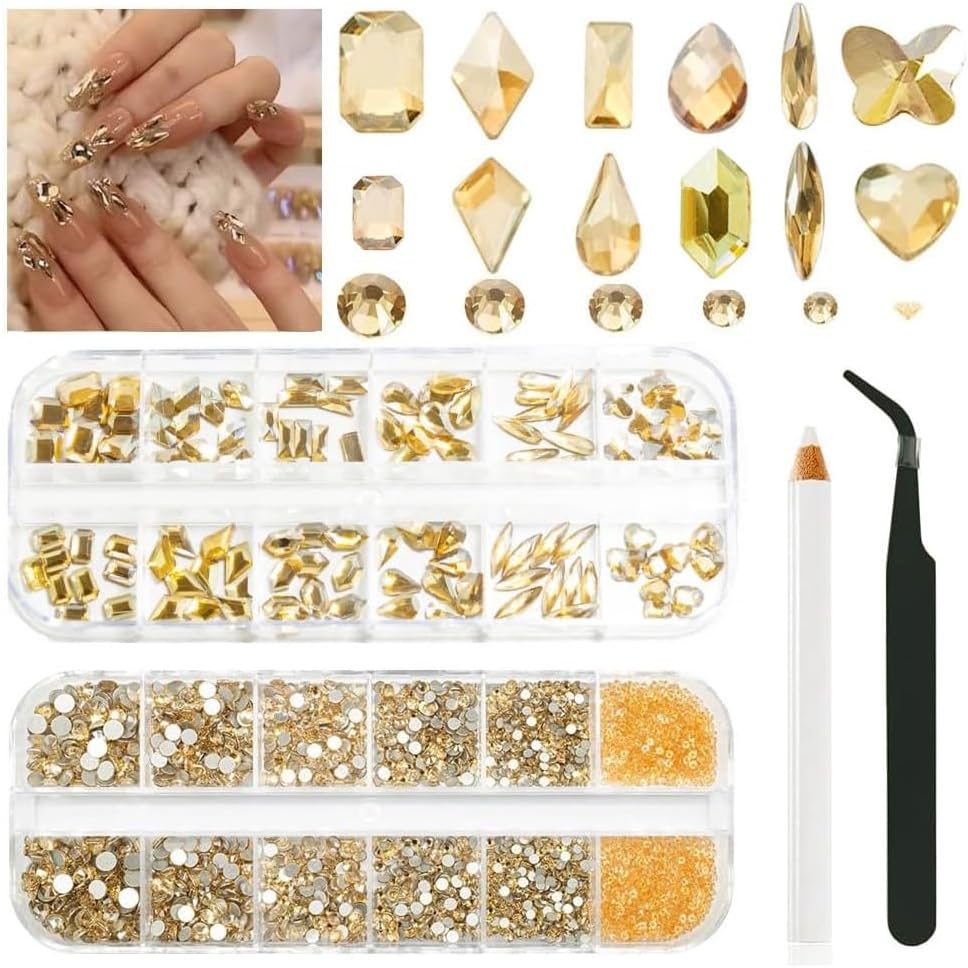 2680Pcs Champagne Gold Nails Rhinestones, 120Pcs Big Golden Nail Charms, Diamond Gems Stones with K9 Bling Flatback Round Beads, Clear Glass Crystal Jewelry for Nails Faces Eyes Makeup Decoration