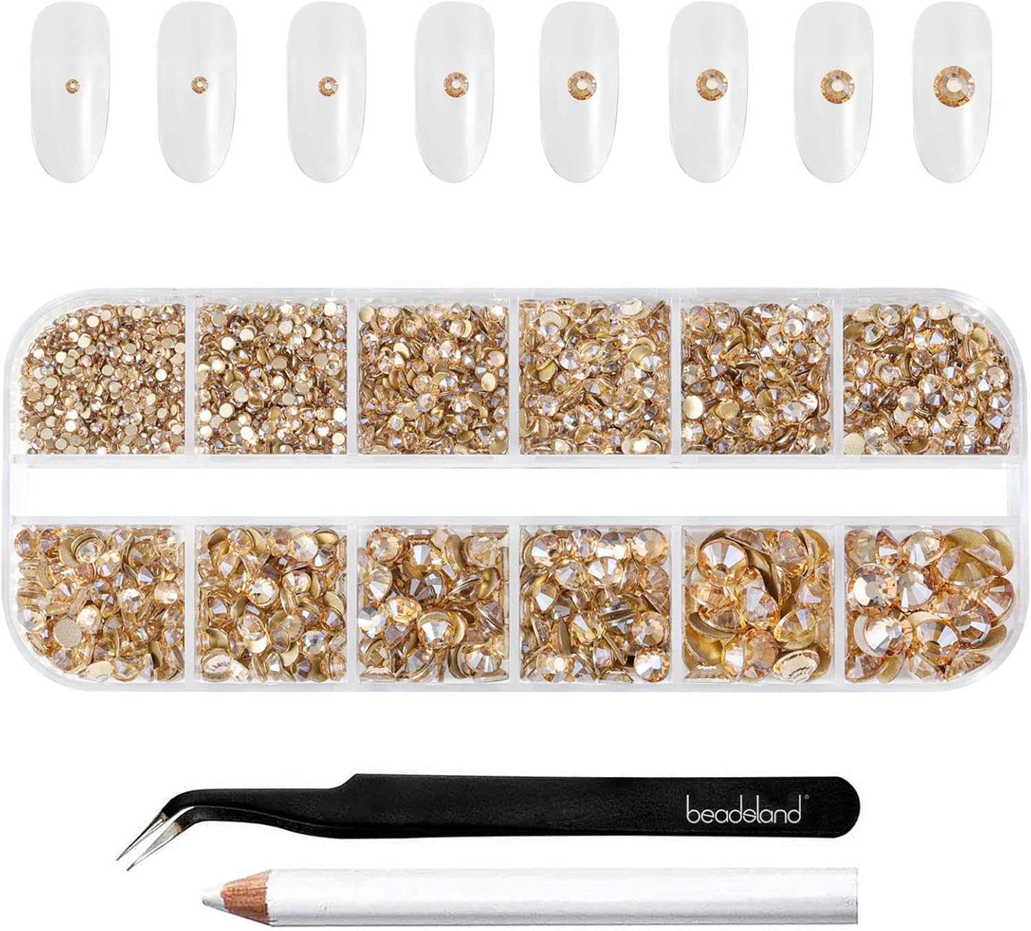 Beadsland Rhinestones for Makeup,8 Sizes 2500pcs Gold Flatback Rhinestones Eye Gems for Nails Crafts with Tweezers and Wax Pencil,Golden Shadow,SS4-SS30