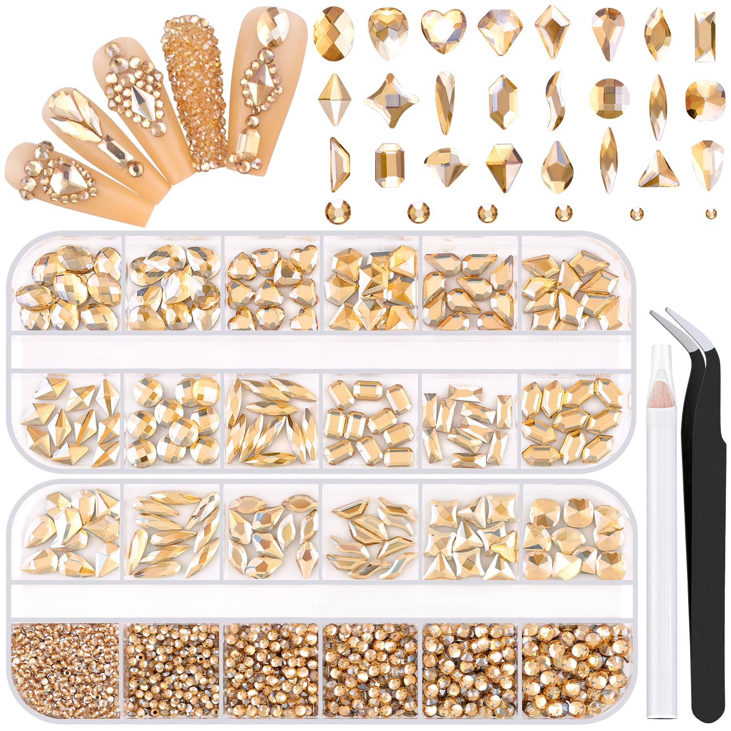 1680Pcs Champagne Gold Glass Nail Rhinestones 180Pcs Multi Shapes Flatback Nail Gems +1500Pcs 1.5-4mm Round Crystal, Manicure Nail Charms Diamond Gemstones for Acrylic Nails Decoration