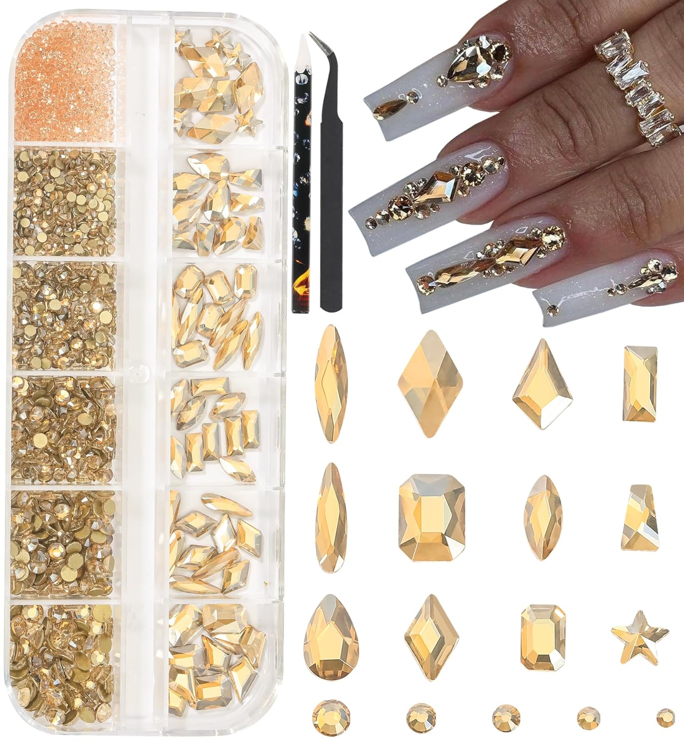 HNUIX Champagne Gold Nail Rhinestones Kit Flatback Nail Charms Glass Gems Stones 1450Pcs Nail Art Gems Diamonds Jewels Multi Shapes Sizes Nail Charms Tweezer & Wax Pen for Nails DIY Faces Eyes Makeup