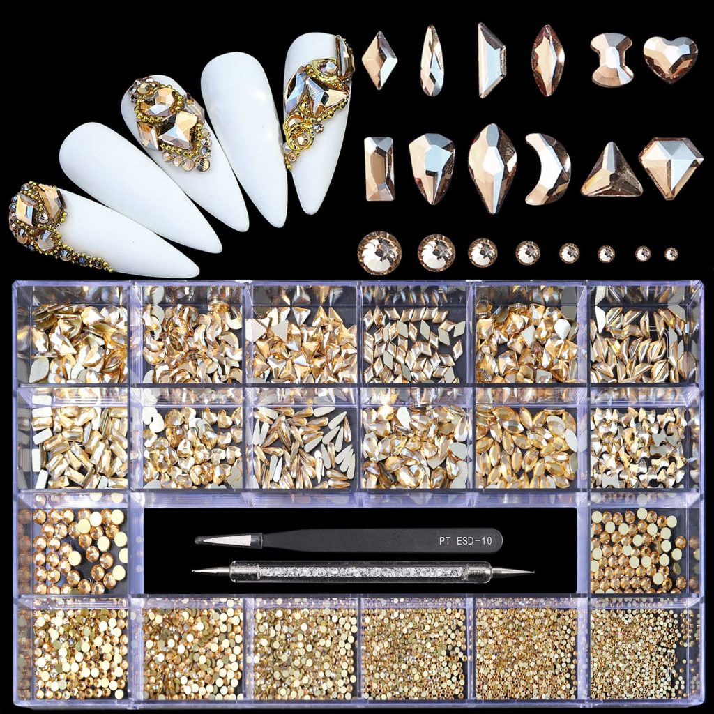 12 Styles of 600 Champagne Diamonds + 2500 Flat Rhinestones Mix 20 Styles Flatback Rhinestone Crystals 3D Decorations Flat Back Stones Gems Set +Tweezers + Drill Pen