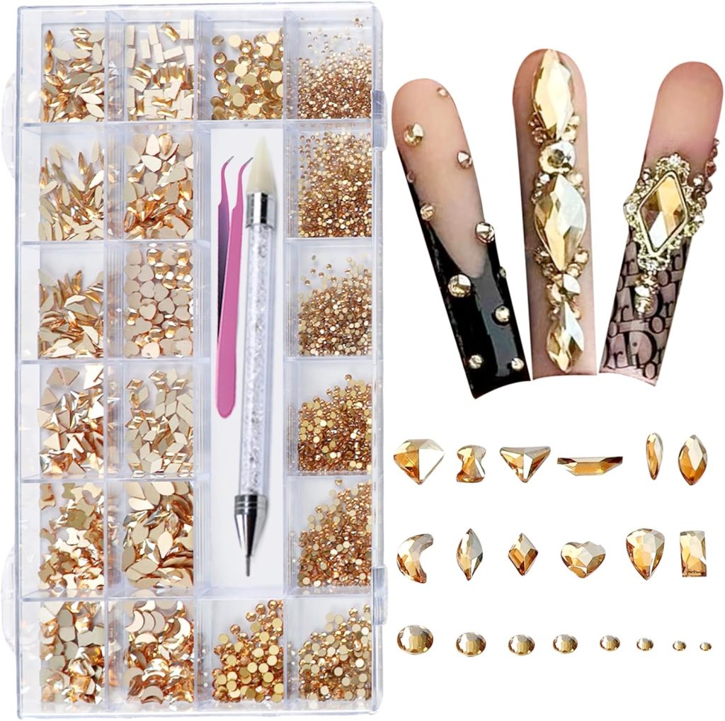 Rhinestones for Nails, 6080Pcs Gold Nail Art Rhinestones Kit, Gold Gems for Nails, Crystals Diamonds for Nail Art Design, Mix Sizes Nail Gems(Picking Pen and Tweezers Included)