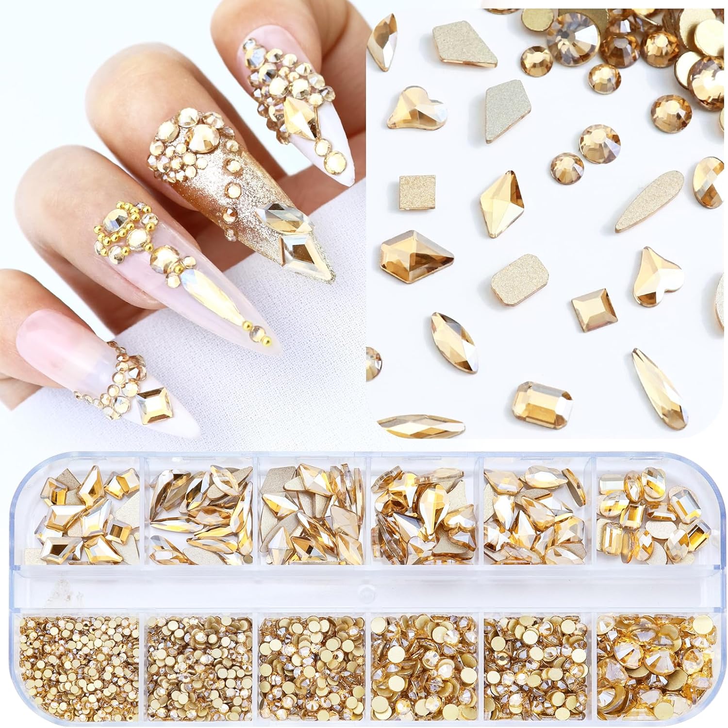Dowarm 3200PCS Champagne Gold Nail Art Rhinestones, Round Flatback Rhinestones for Nails, Crafts, Golden Shadow Multi Shape 3D Glass Crystal Nail Gemstone Diamond