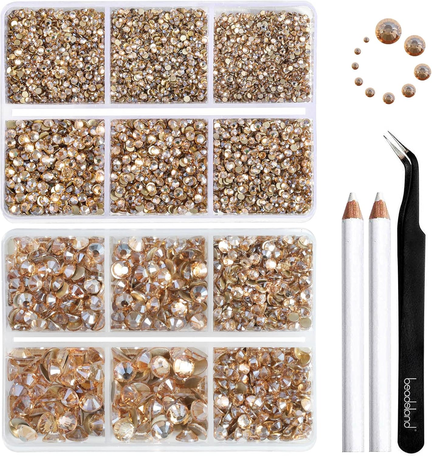 Beadsland 8300PCS Flatback Rhinestones, Gold Rhinestone Round Crystal Rhinestones for Crafts, Mixed 10 Sizes with Wax Pencil and Tweezer Kit, SS3-SS30, Golden Shadow