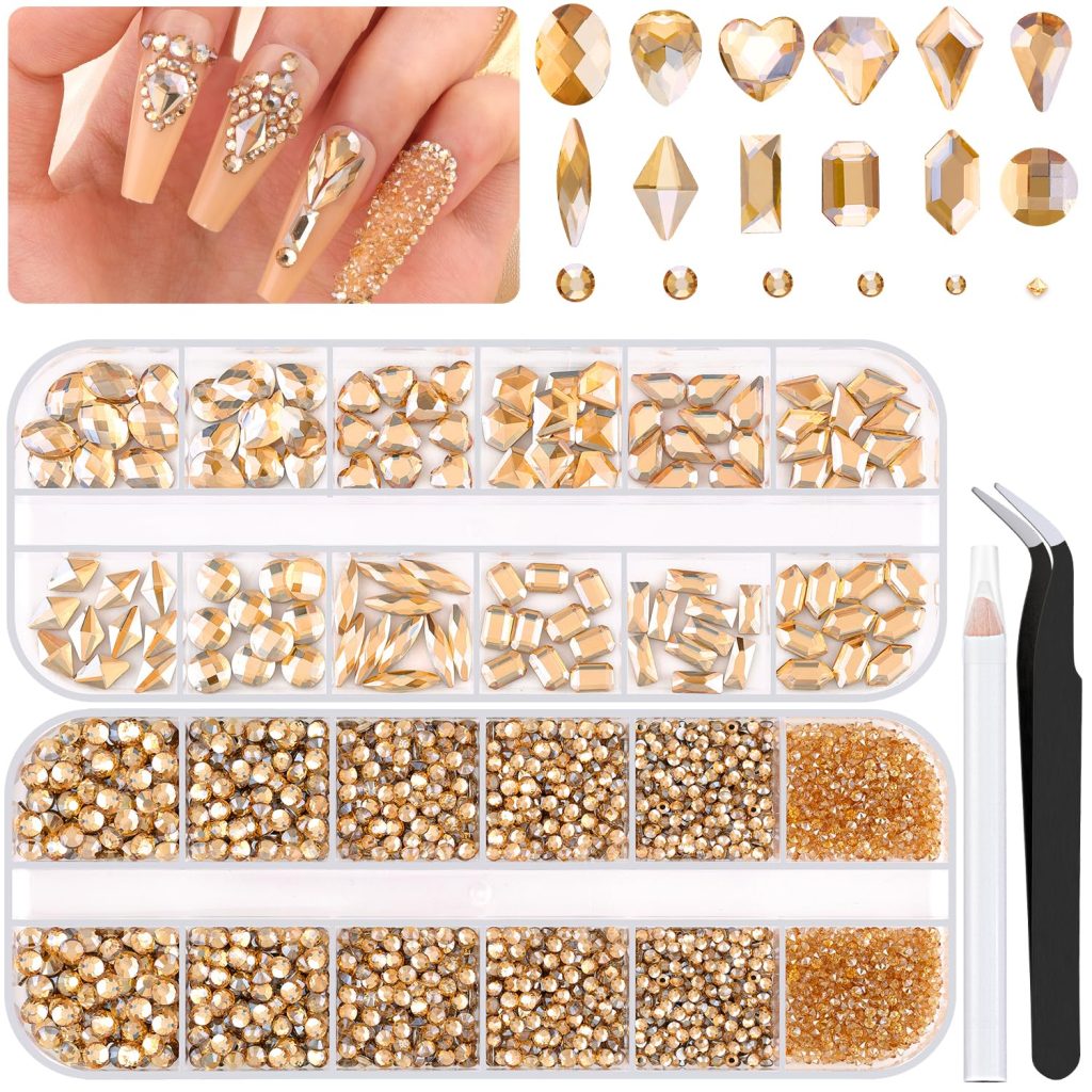2680Pcs Champagne Gold Glass Nail Rhinestones 120Pcs Multi Shapes Flatback Nail Gems +2560Pcs 1.5-4mm Round Crystal, Manicure Nail Charms Diamond Gemstones for Acrylic Nails Decoration