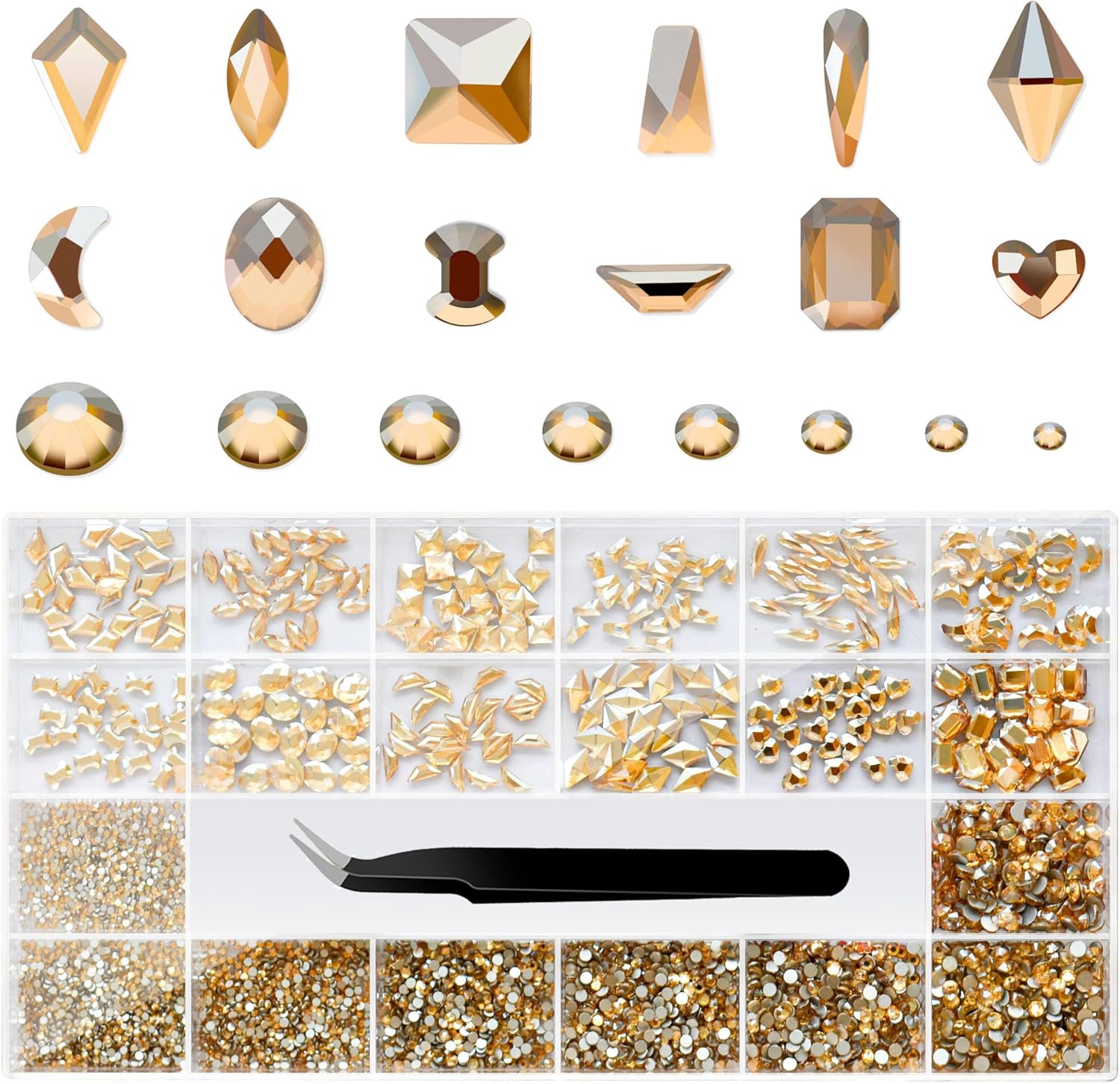 Nail Rhinestones Set, Multi Shapes Champagne Gold Rhinestones for Nails, Mixed Size Nail Charms, Flatback Nail Jewels Rhinestones with Wax Pencil and Tweezers, Storage in Rinestones Set Box