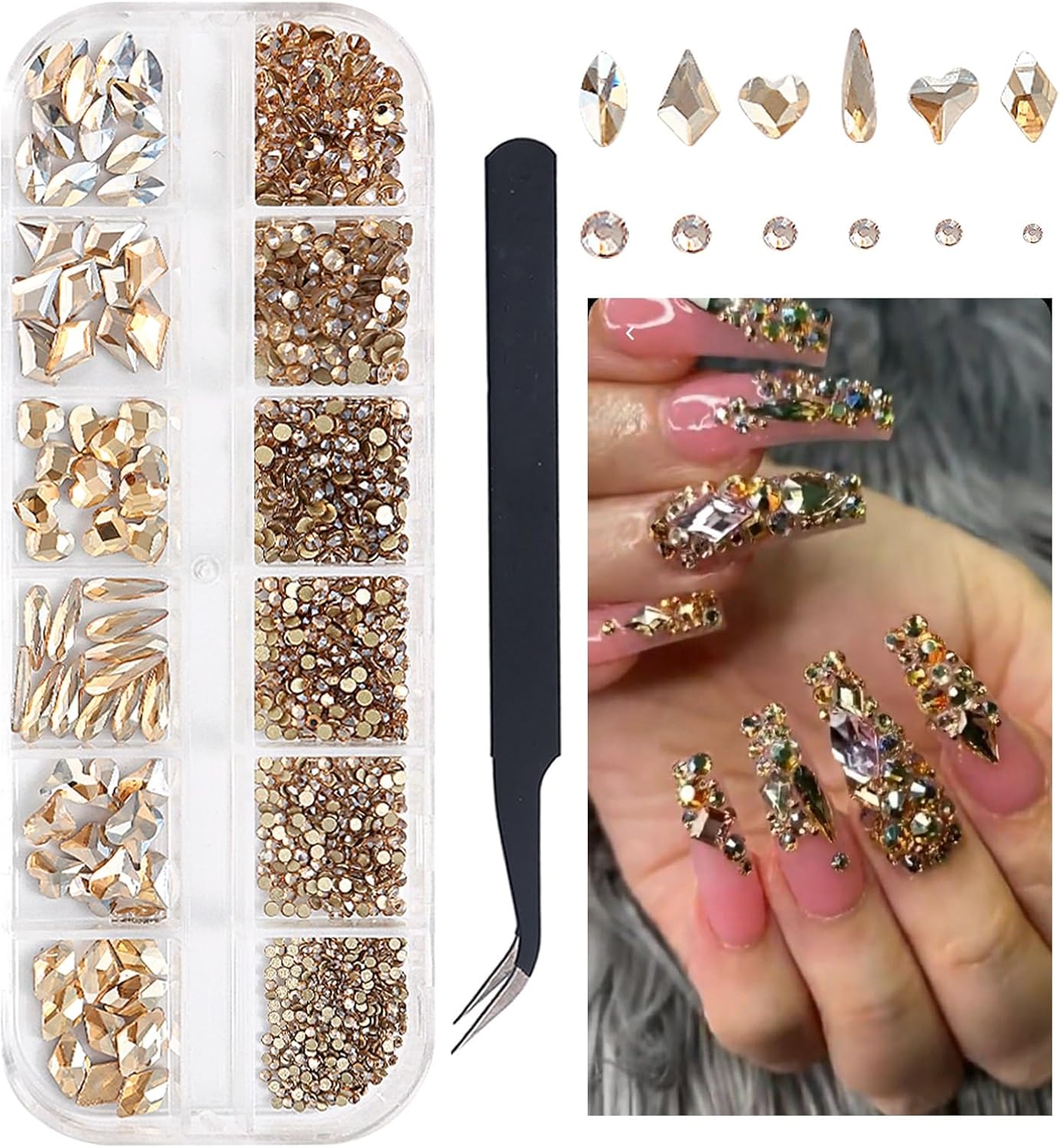 1 Box Champagne Gold Nail Art Rhinestones Multi Shapes 3D Flatback Bedazzling Crystals Non Hotfix Nails Gems Stones with Tweezer Picker Pencil for Manicure Face Eyes Makeup DIY Crafts