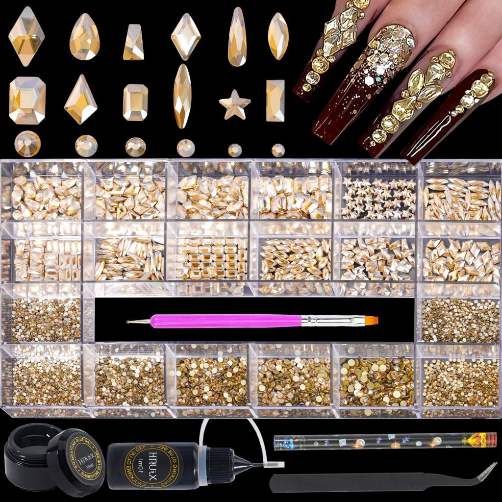 HNUIX Nail Rhinestones – 4550pcs Champagne Gold, Multiple Shape Gems, Flatback Crystal Rhinestones, with Kit and Glue Gel, for Nail Art