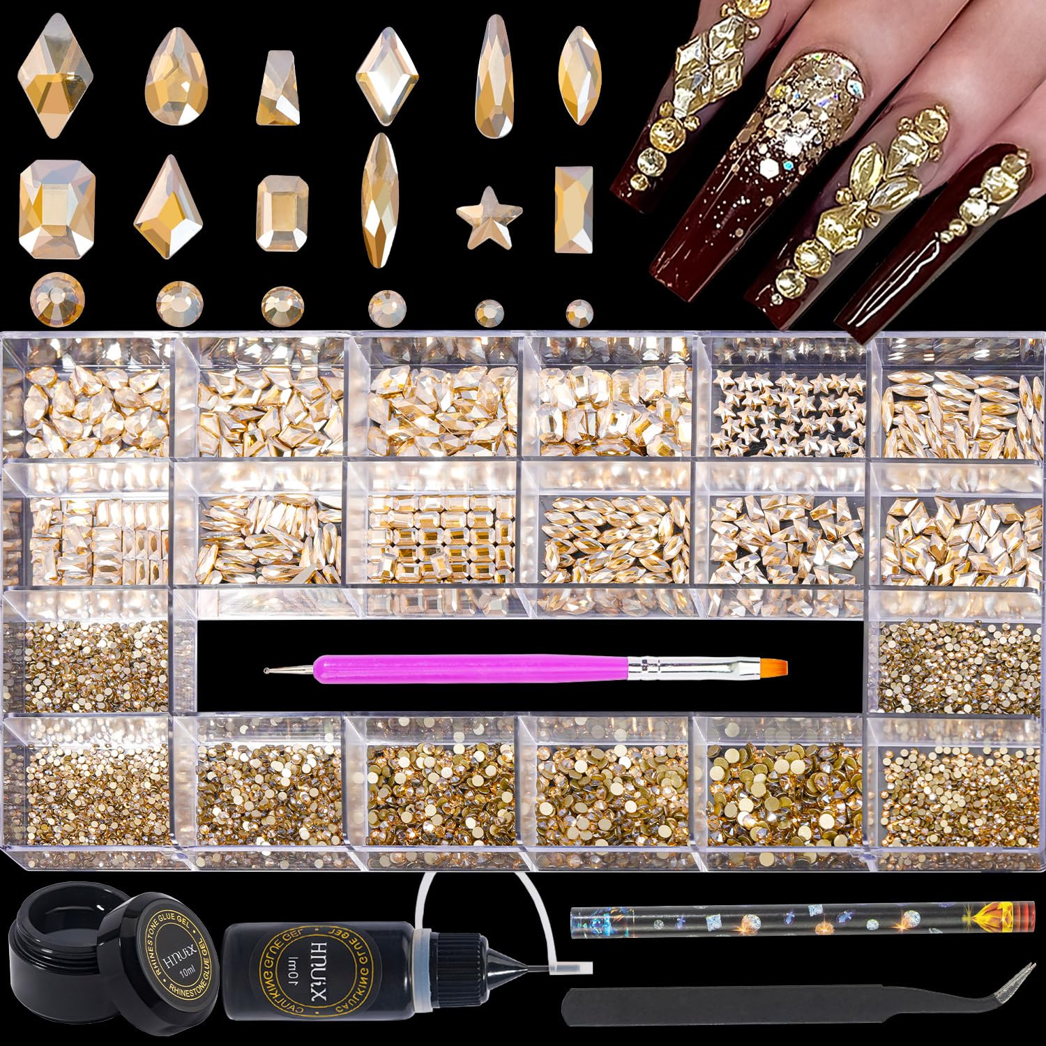 HNUIX Nail Rhinestones – 4550pcs Champagne Gold, Multiple Shape Gems, Flatback Crystal Rhinestones, with Kit and Glue Gel, for Nail Art