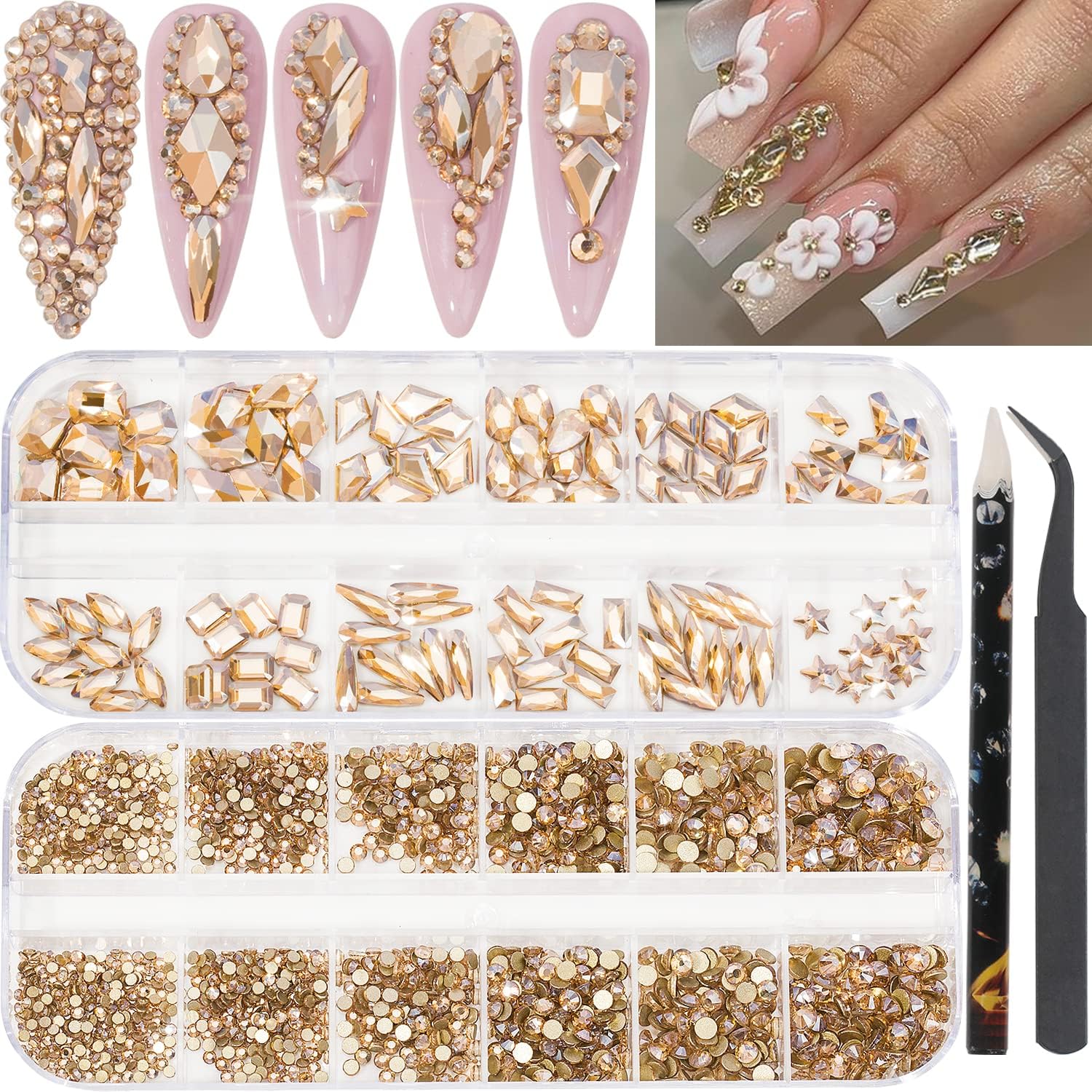 HNUIX Nail Rhinestones – 2920pcs 3D Multi Shape Size Crystal, Champagne Gold Nail Gems, Flat Back, with Kit, for Nail Art, DIY Decorations