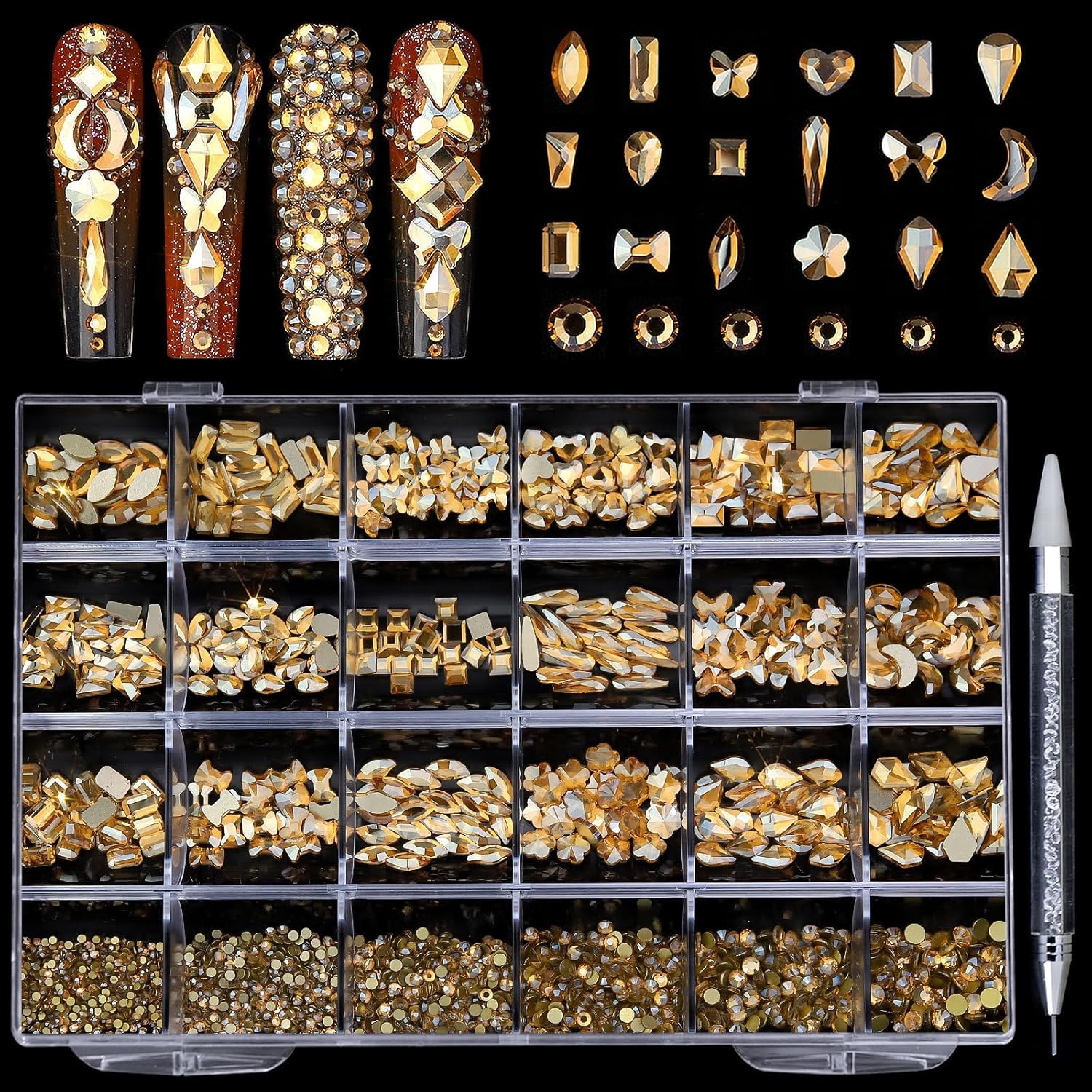 Champagne Nail Rhinestones, 5380Pcs Flatback Gold Glass Charms Gems Stones, 24 Grids 19 Types of Shaped Nail Art Rhinestones Kit with Picking Pen and Tweezers, 6 Sizes for Face Decoration