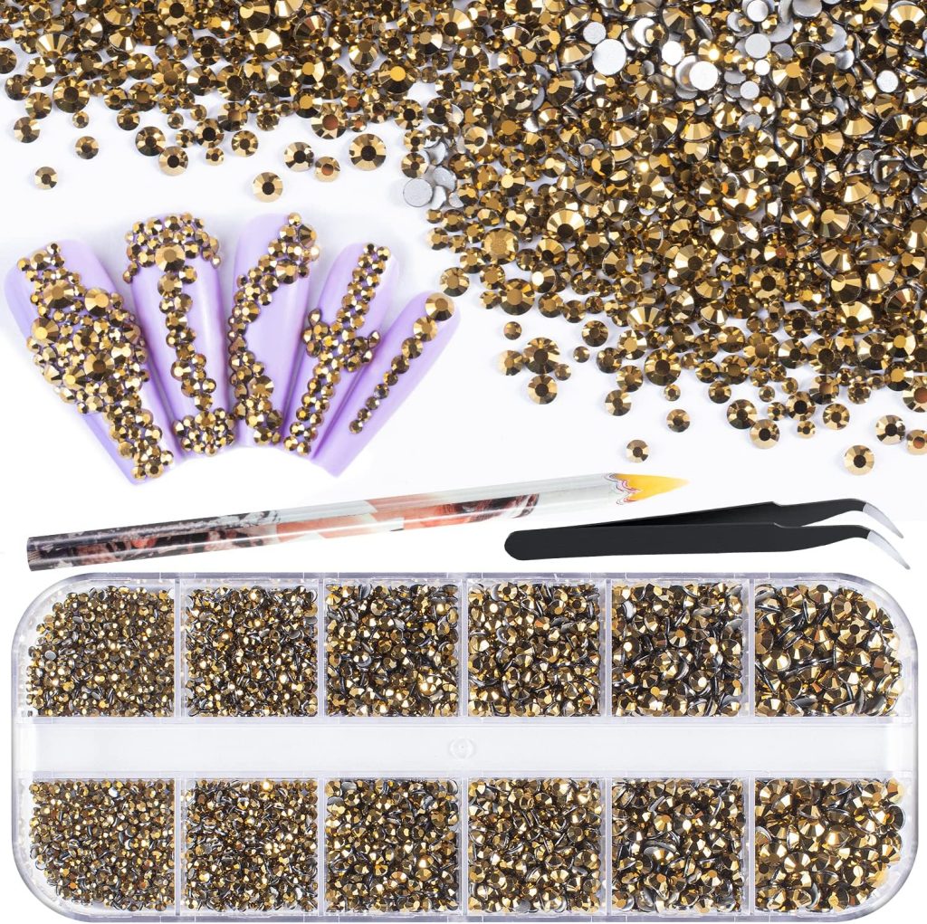 3600pcs Glass Mineral Gold Nail Rhinestones 6 Sizes(1.8/2/2.4/2.8/3/4mm) Flatback Crystal Nail Charms Jewels Decoration for Nail Art and Crafting, Tweezer and Pickup Pen Included