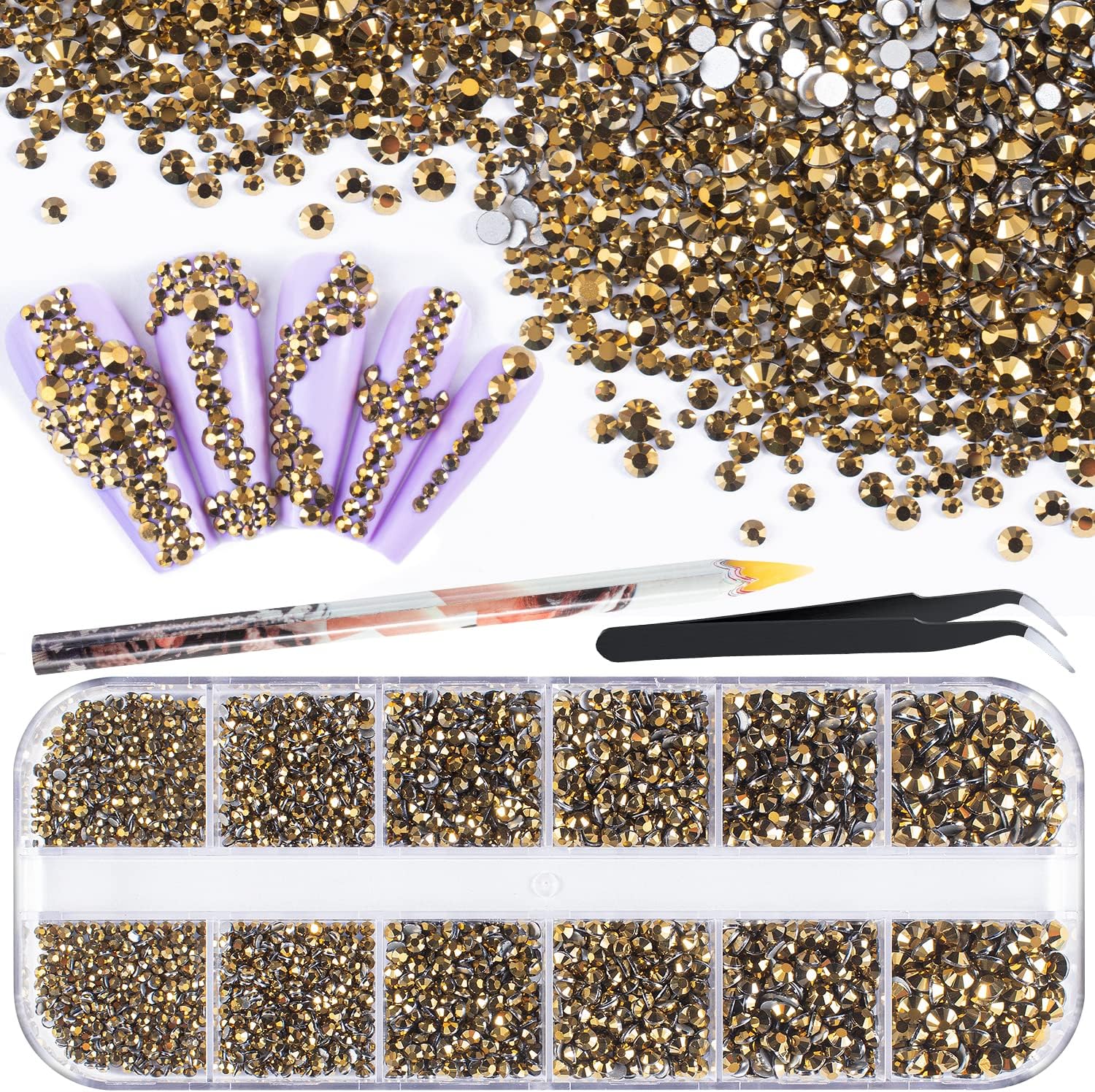 3600pcs Glass Mineral Gold Nail Rhinestones 6 Sizes(1.8/2/2.4/2.8/3/4mm) Flatback Crystal Nail Charms Jewels Decoration for Nail Art and Crafting, Tweezer and Pickup Pen Included